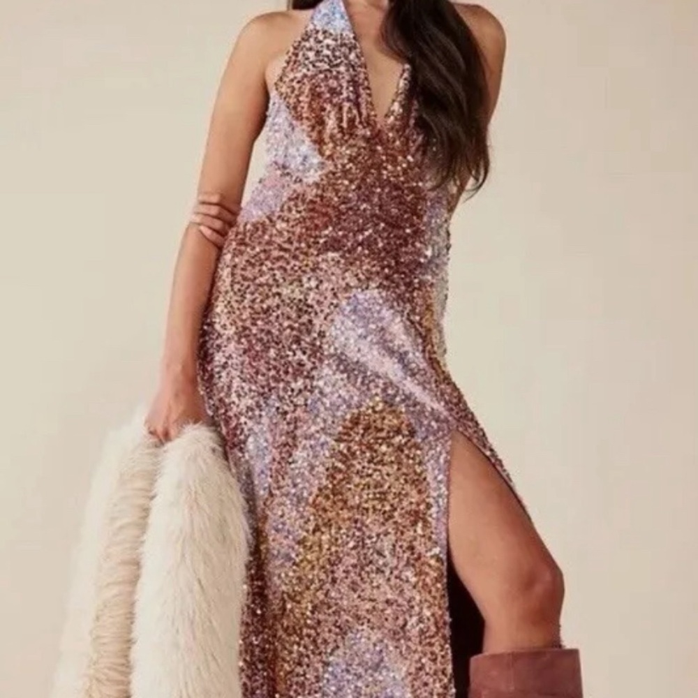 Free People Glitter & Gold Pink Rose Midi Dress Sequin Size XS New With Tag $250